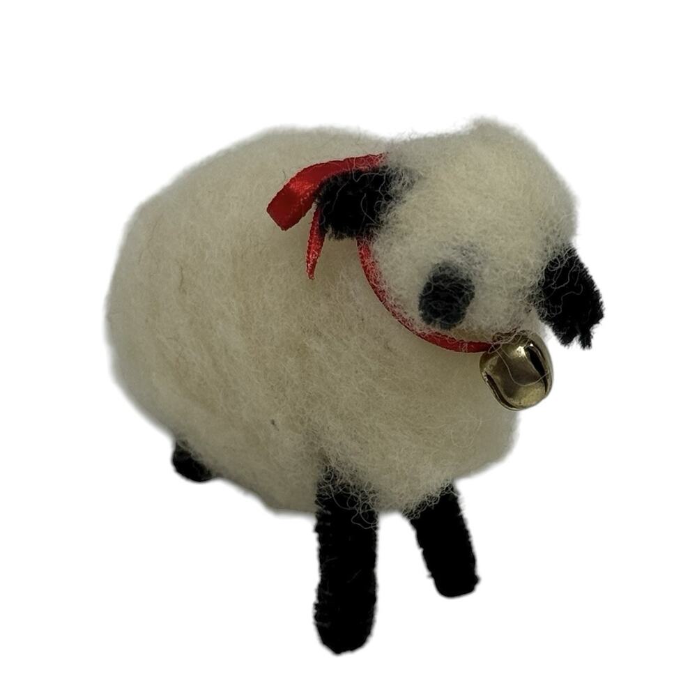 Vintage White Sheep Ornament Figurine Handcrafted Raw Wool Red Bow Silver Bell